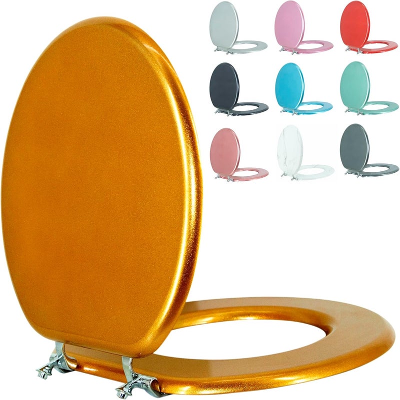 BLOFDE Round Toilet Seat Wood Toilet Seat Prevent Shifting with Zinc Alloy Hinges American Standard Size Toilet Seat Easy to Install also Easy to Clean(Round,Sparkling Classical Gold) - Image 1